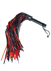 Red and black leather flogger for spanking and fetish role-play