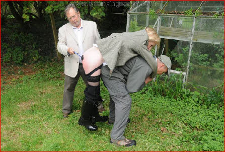 Classy older lady takes the riding crop with her knickers down in kinky outdoor spanking session